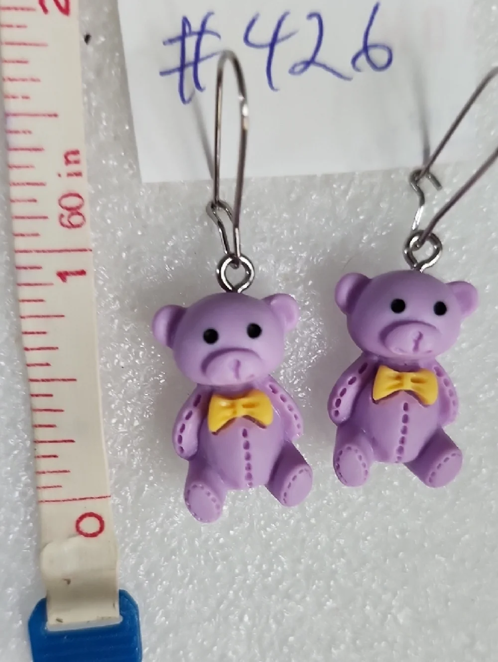 Hand Crafted Purple Teddy Bear Earrings with Yellow Bow